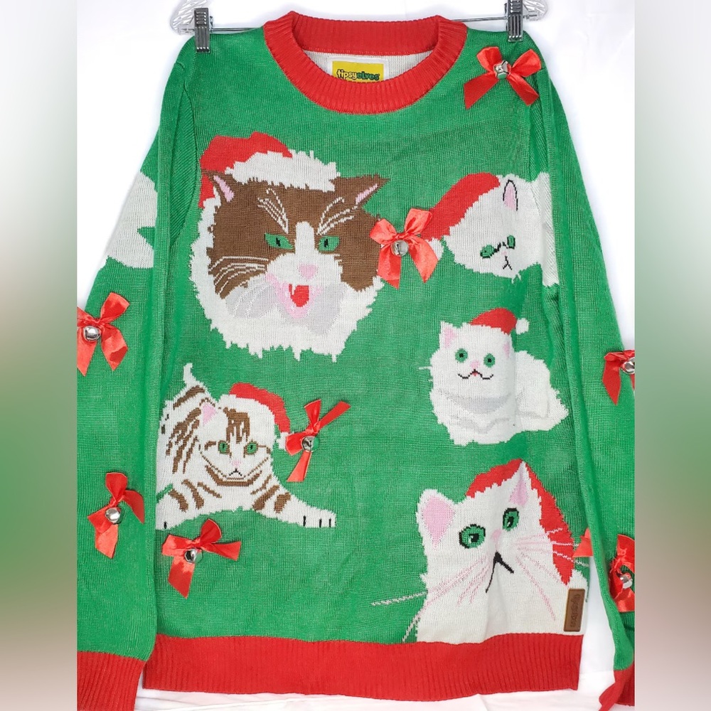 Tipsy Elves Christmas Ugly Sweater Crazy Cat Lady with Bells